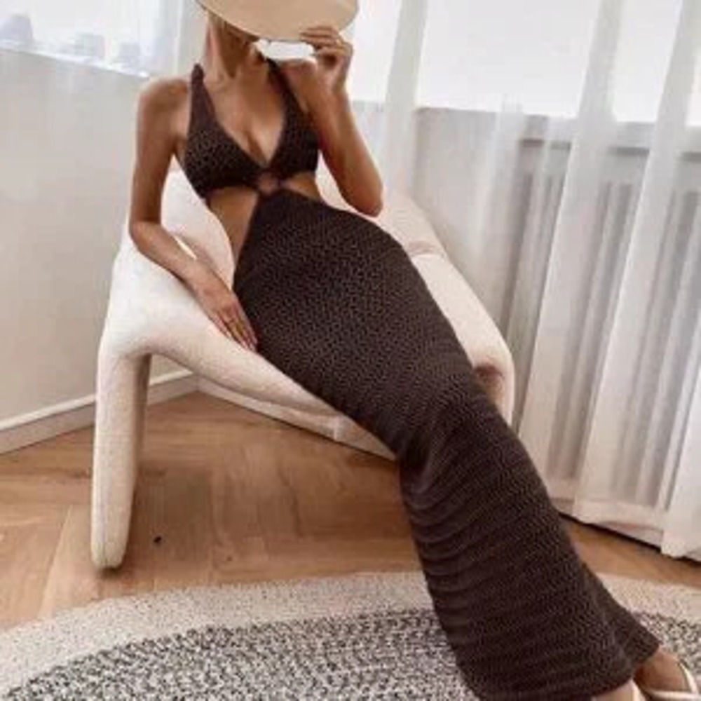 Coffee Brown Sexy Women's Vacation Hook Back Open Halter Sweater Dress